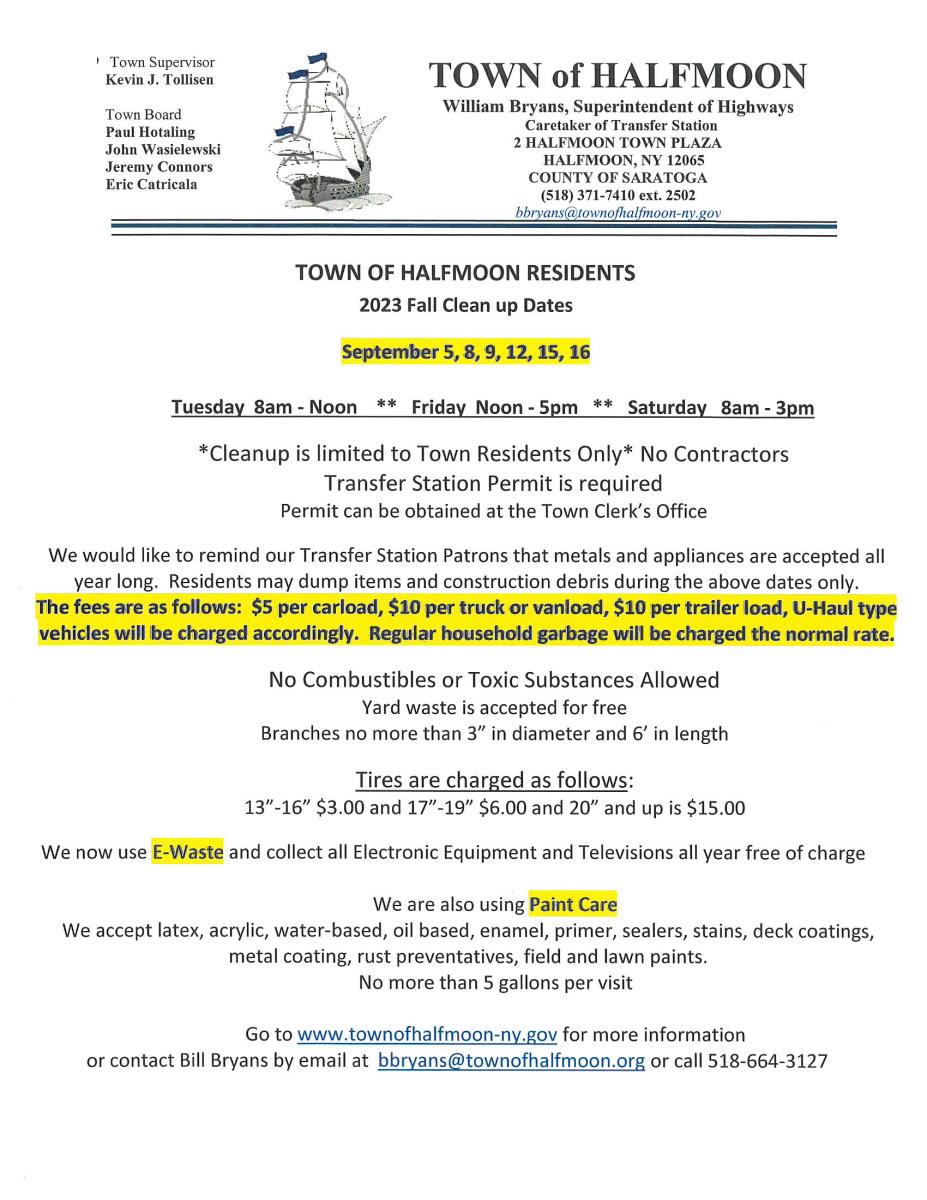 HALFMOON RESIDENTS FALL CLEAN UP 9/5/2023 8 AM TO NOON 