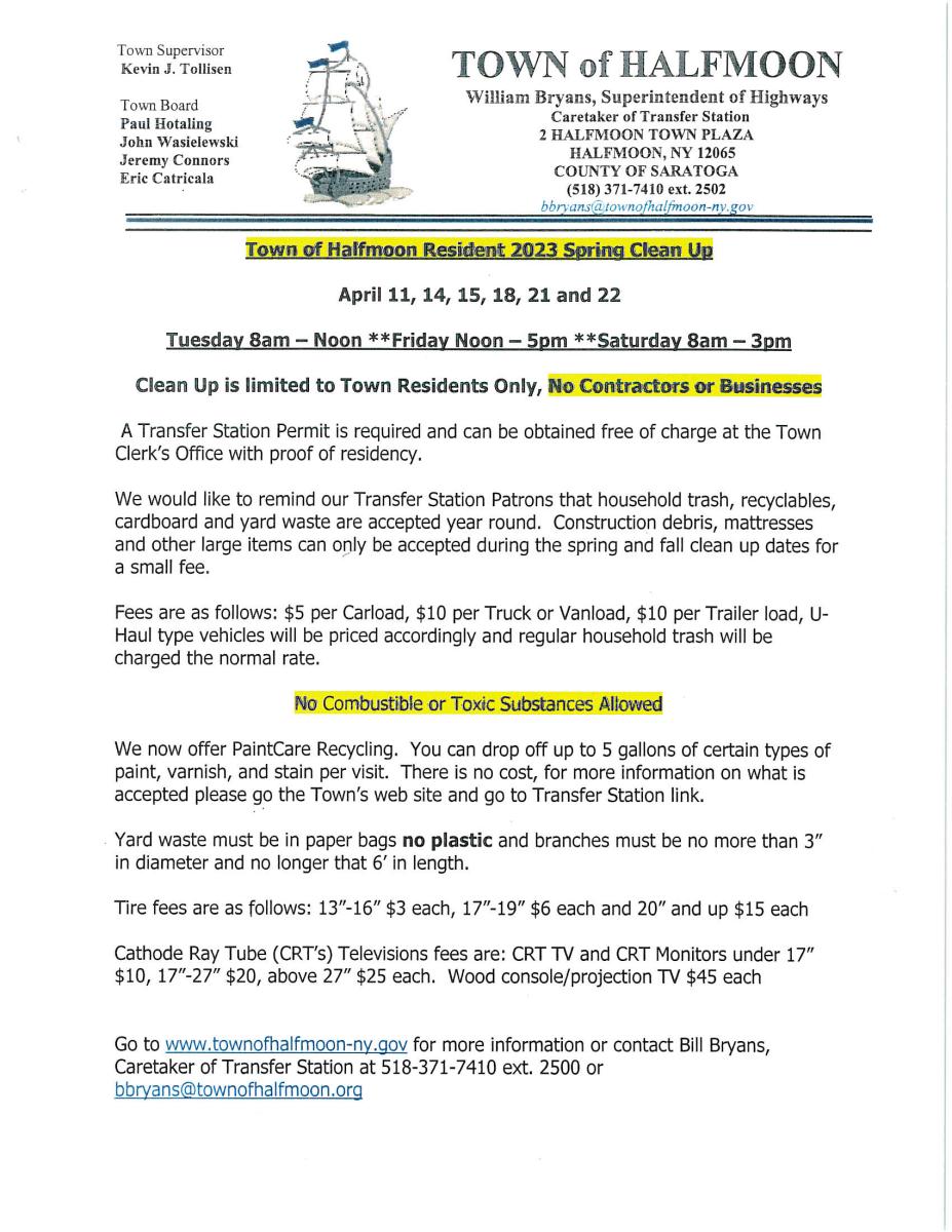 TOWN OF HALFMOON RESIDENT 2023 SPRING CLEAN UP APRIL 11 2023 8 AM TO NOON