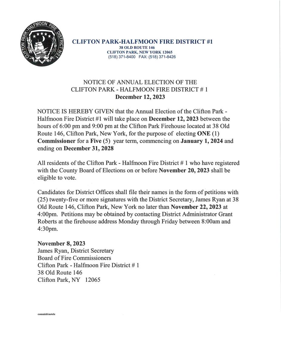 ANNUAL ELECTION CLIFTON PARK HALFMOON FIRE DISTRICT #1 12/12/2023 6 - 9 PM