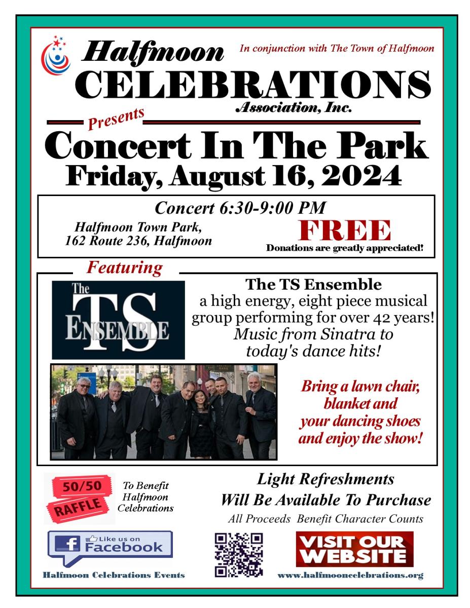 CONCERT IN THE PARK 8/16/2024 6:30 TO 9:00 PM HALFMOON TOWN PARK  162 ROUTE 236 HALFMOON NY