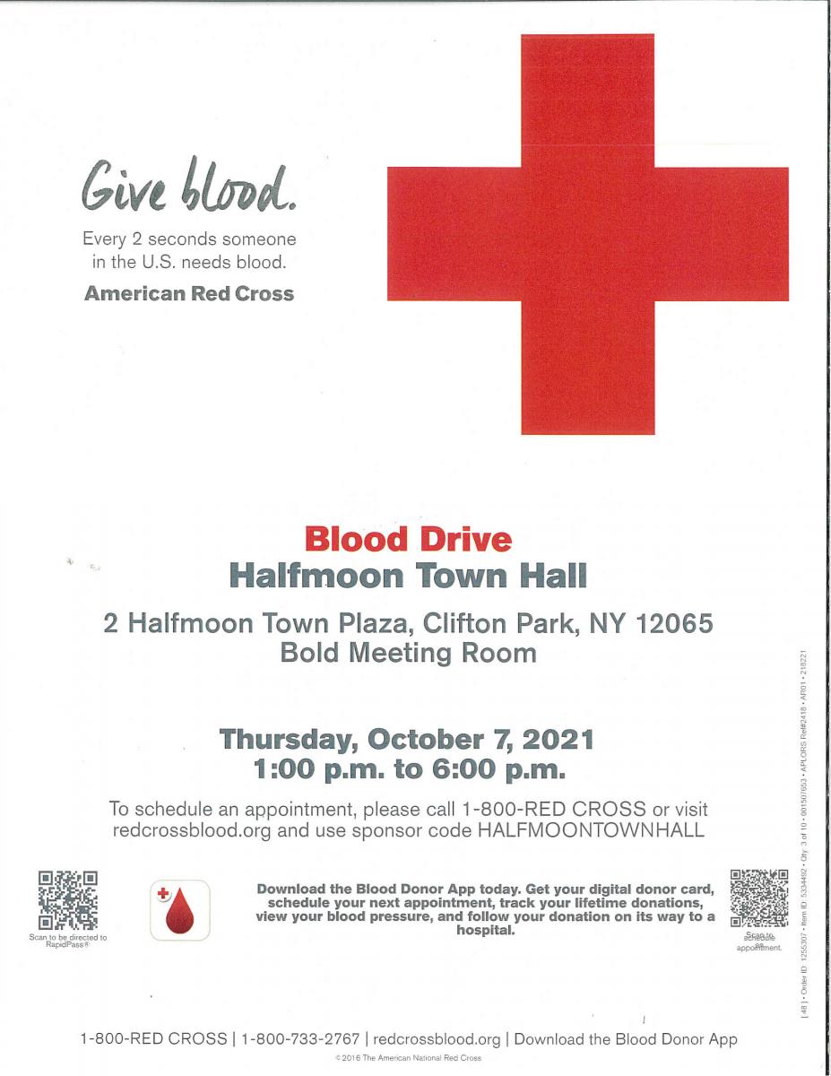 BLOOD DRIVE HALFMOON TOWN HALL 10/07/2021 1PM TO 6 PM