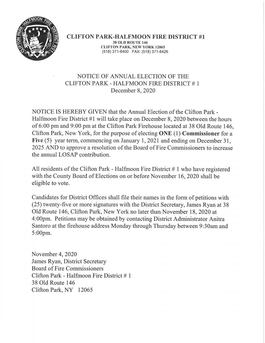 ANNUAL ELECTION OF THE CLIFTON PARK HALFMOON FIRE DISTRICT #1 DECEMBER 8,2020 AT 6:00 PM