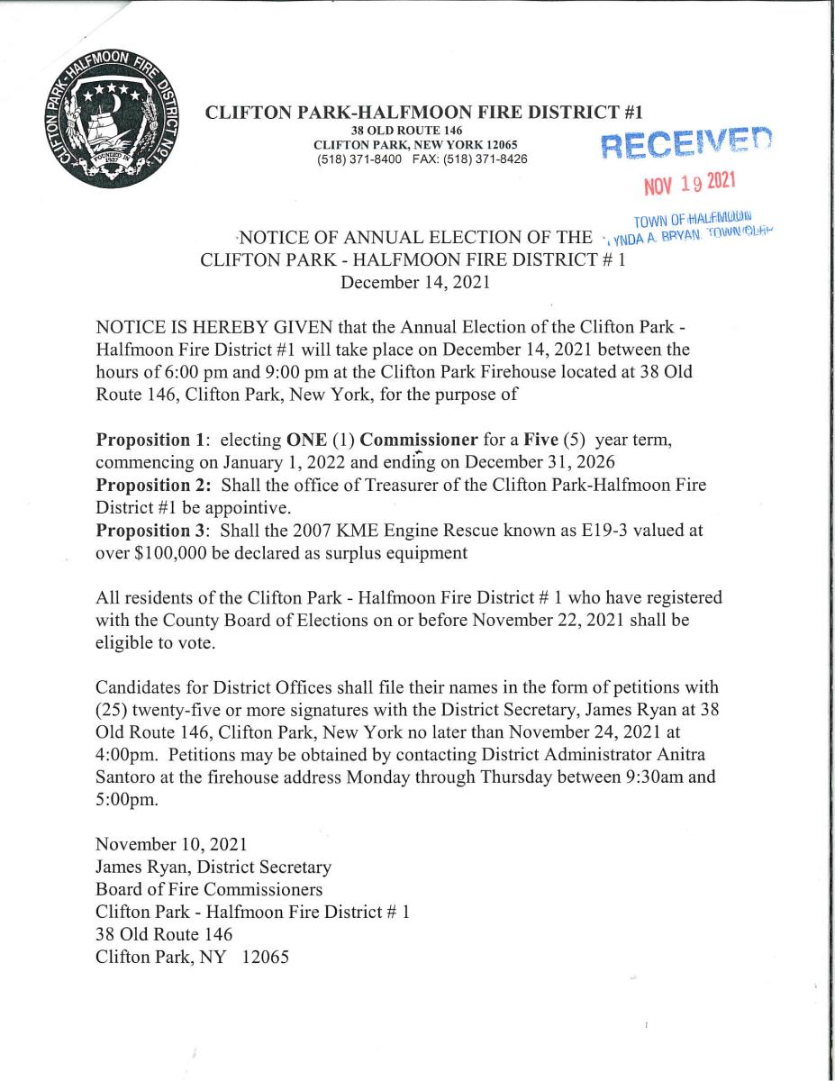 CLIFTON PARK HALFMOON FIRE DISTRICT #1 ANNUAL ELECTION 12/14/2021 6 PM TO 9 PM