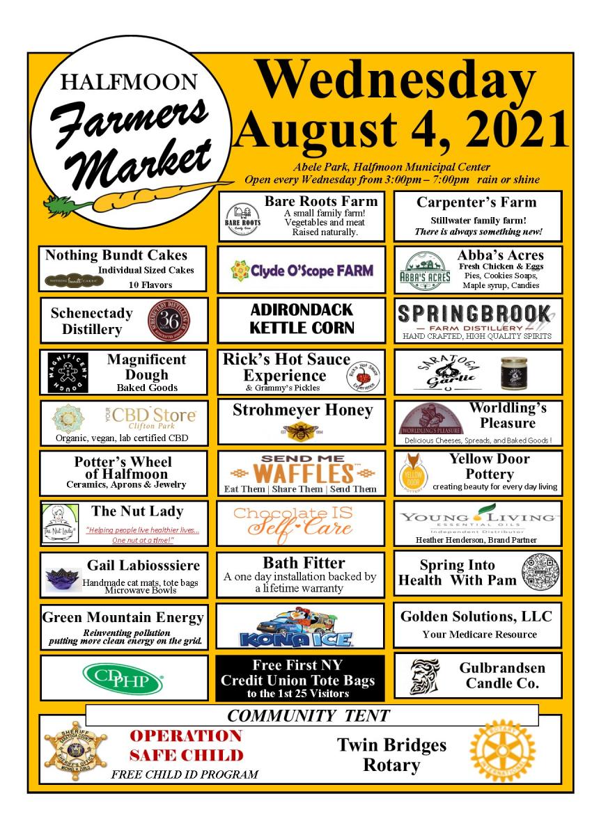 Farmers Market August 4, 2021 3 pm to 7 pm