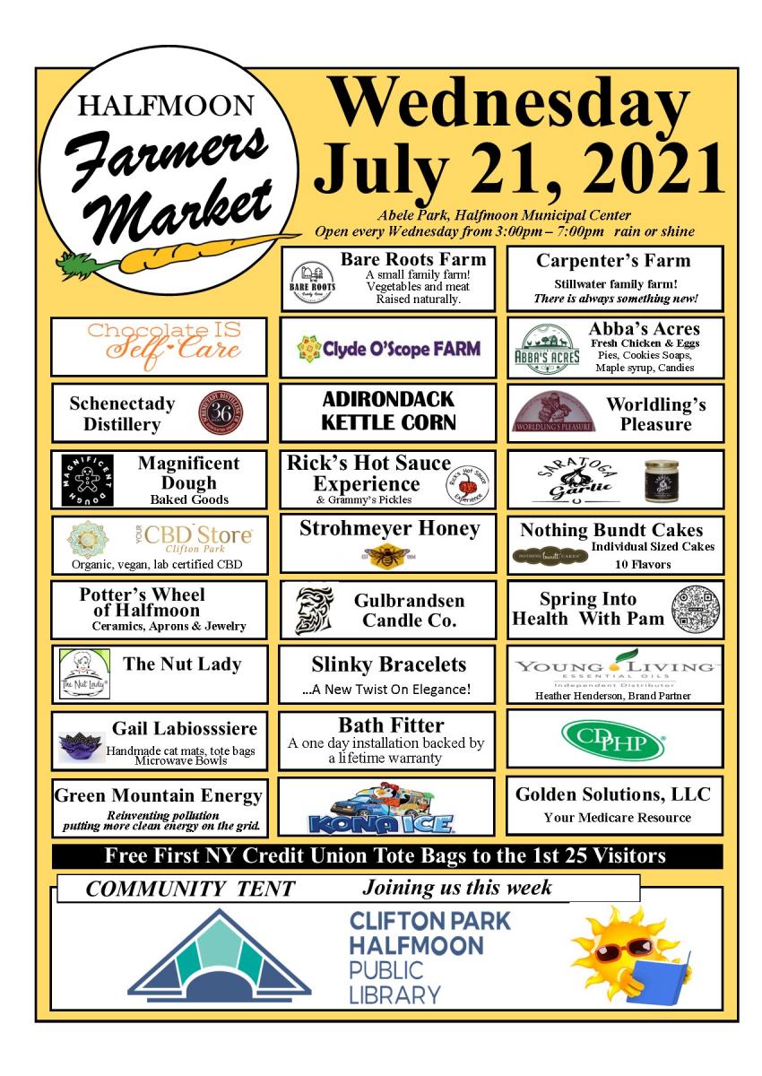 Halfmoon Farmer's Market July 21, 2021 3 pm to 7 pm