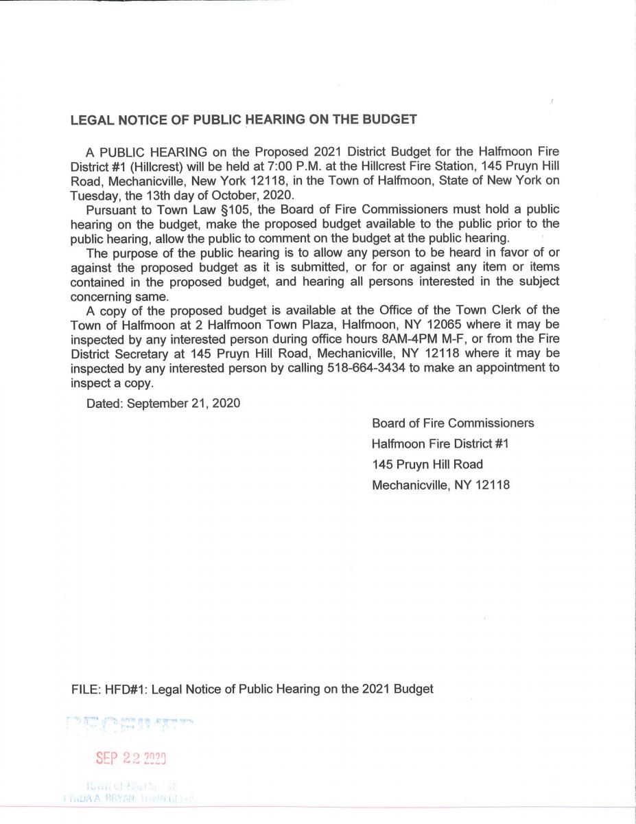 Hillcrest Fire Department Public Hearing on Proposed 2021 Budget on 10/13/2020 at 7:00 PM