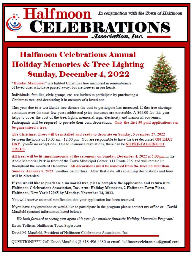 HALFMOON CELEBRATIONS ANNUAL HOLIDAY MEMORIES &amp; TREE LIGHTING 12/4/2022 5:00 PM