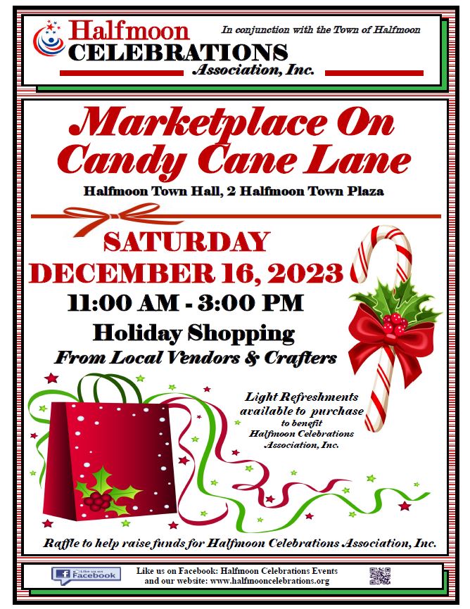 MARKETPLACE ON CANDY CANE LANE 12/16/2023 11 AM TO 3 PM HALFMOON TOWN HALL