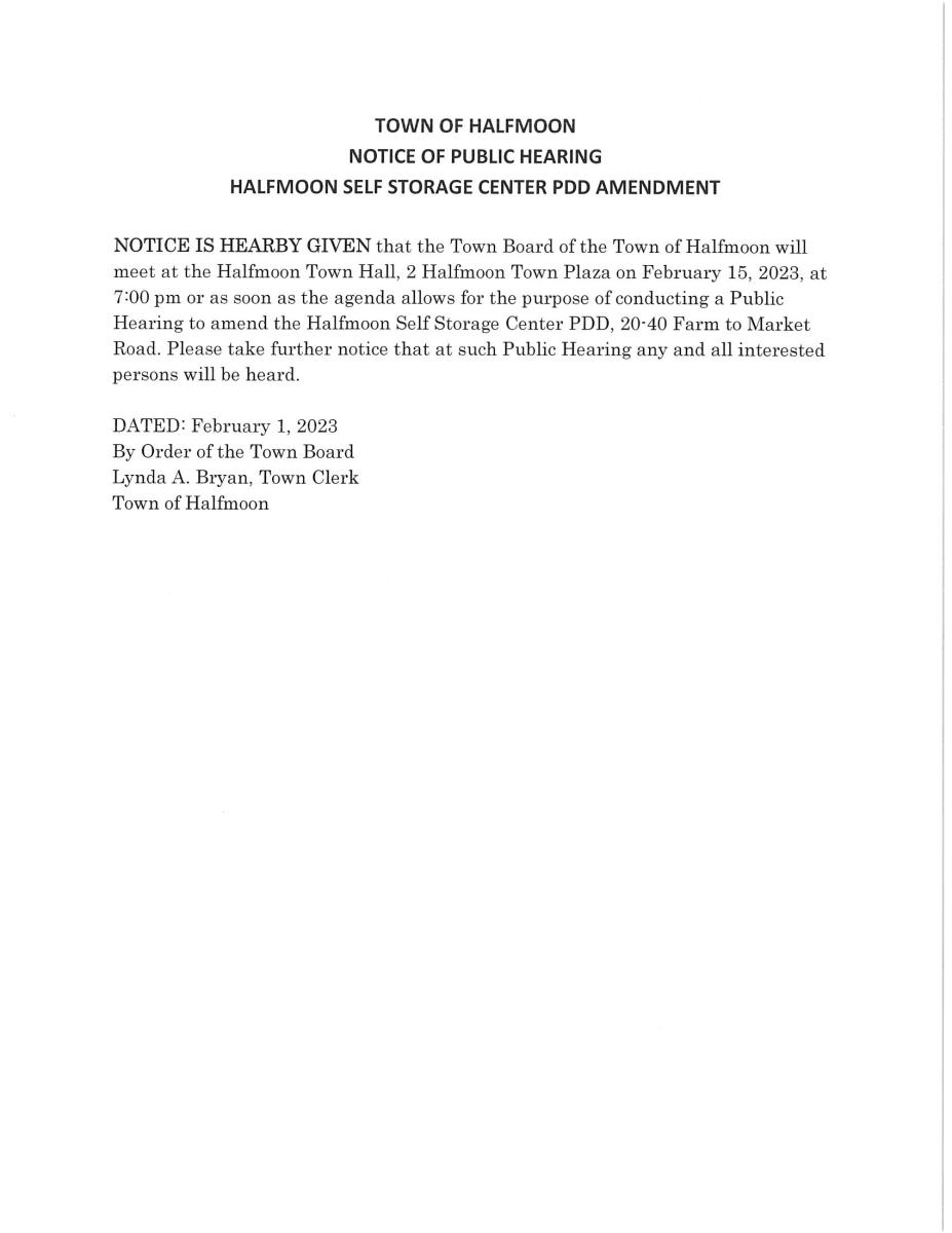 02/15/2023 7 PM  NOTICE OF PUBLIC HEARING HALFMOON SELF STORAGE CENTER PDD AMENDMENT 