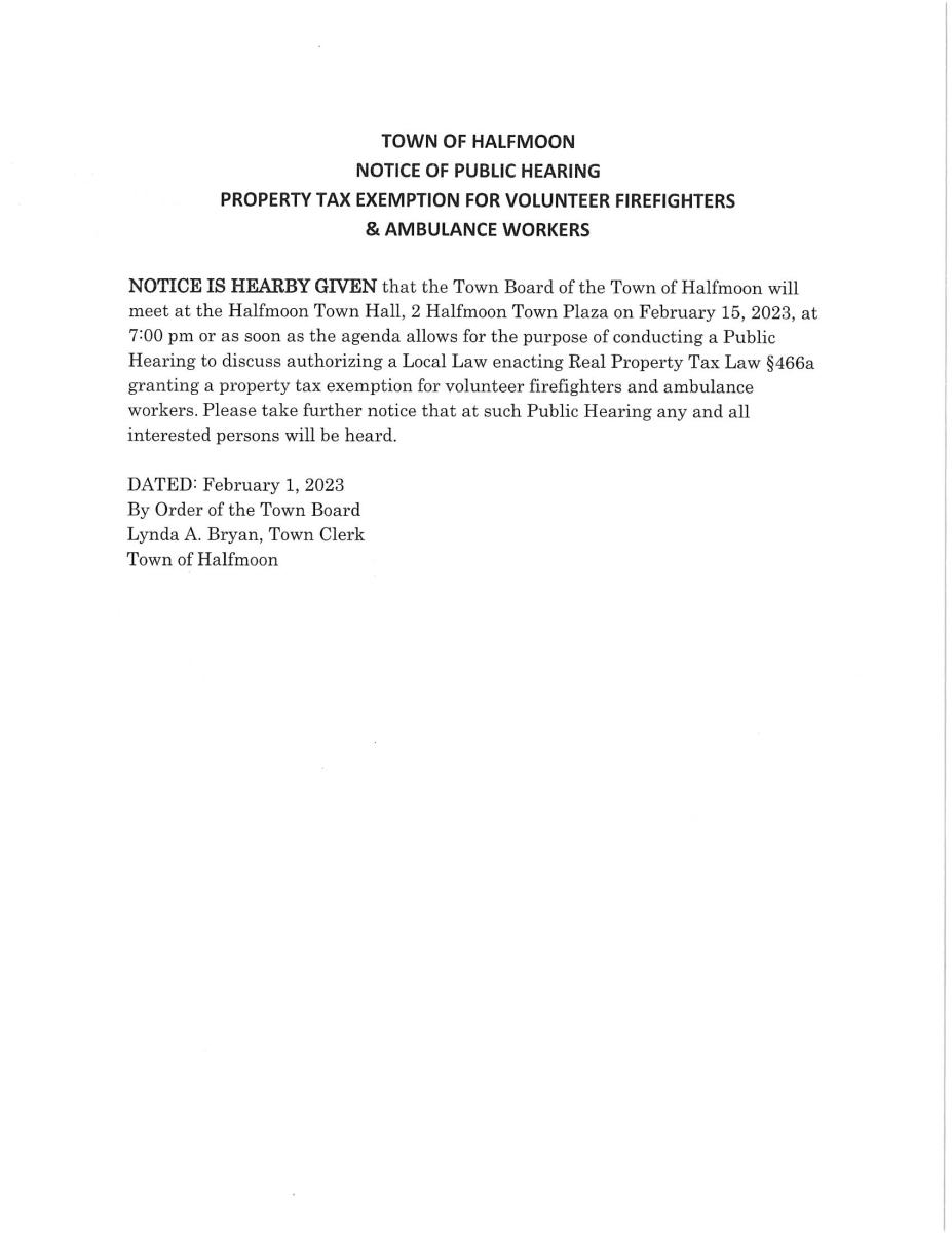 PUBLIC HEARING 02/15/2023 7:00 PM FOR PROPERTY TAX EXEMPTION FOR VOLUNTEER FIREFIGHTERS &amp; AMBULANCE WORKERS