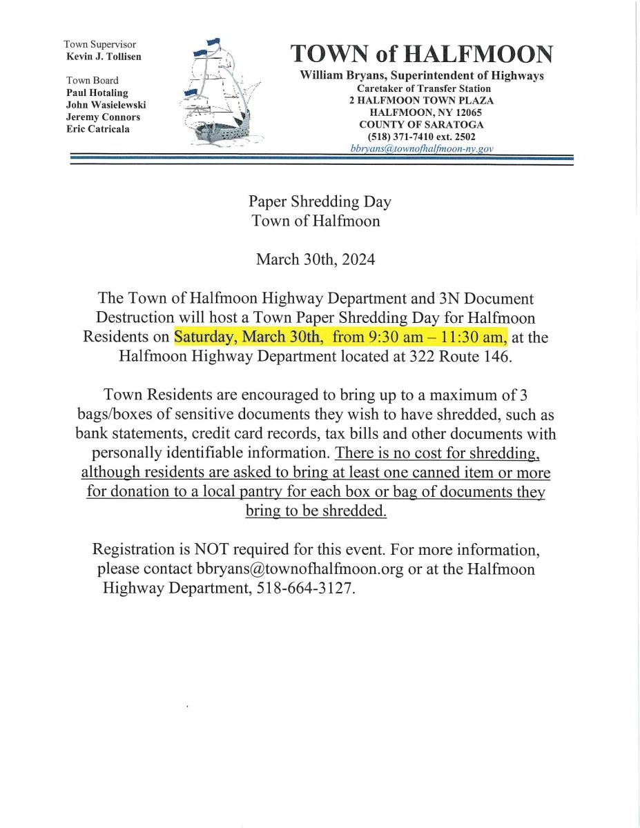 TOWN OF HALFMOON PAPER SHREDDING DAY 3/30/2024 9:30 AM TO 11:30 AM