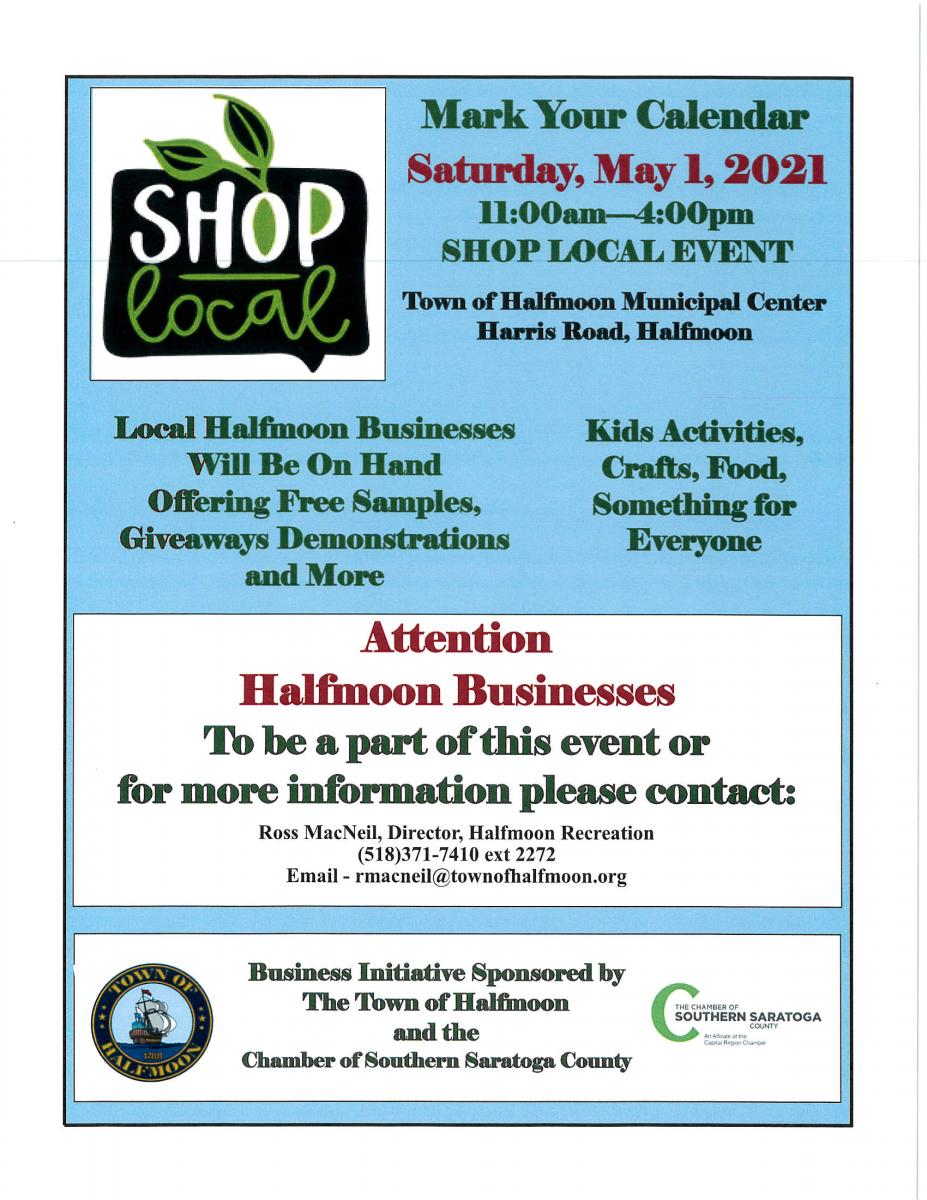 Shop Local May 1st 2021 11 am to 4 pm Town of Halfmoon Municipal Center