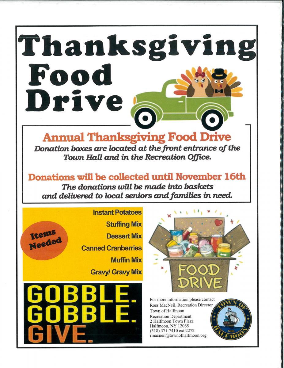 THANKSGIVING FOOD DRIVE 9/30/2021 TO 11/16/2021 DROP ITEMS OFF IN TOWN HALL BOXES 8:00 AM TO 4:00 PM