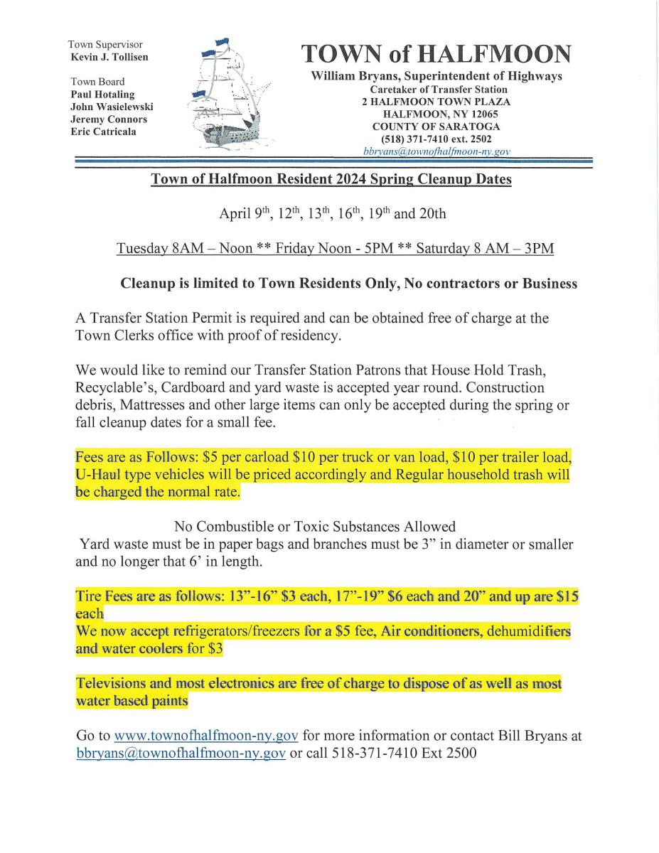 TOWN OF HALFMOON RESIDENT SPRING CLEANUP 4/19/2024 12 NOON TO 5 PM