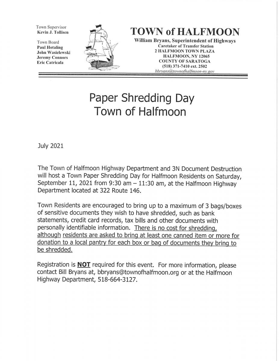 TOWN OF HALFMOON PAPER SHREDDING DAY 9/11/2021 9:30 TO 11:30 AM