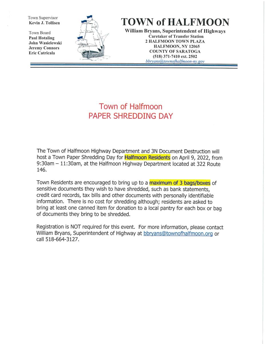 TOWN OF HALFMOON PAPER SHREDDING DAY 04/09/2022 9:30 AM TO 11:30 AM