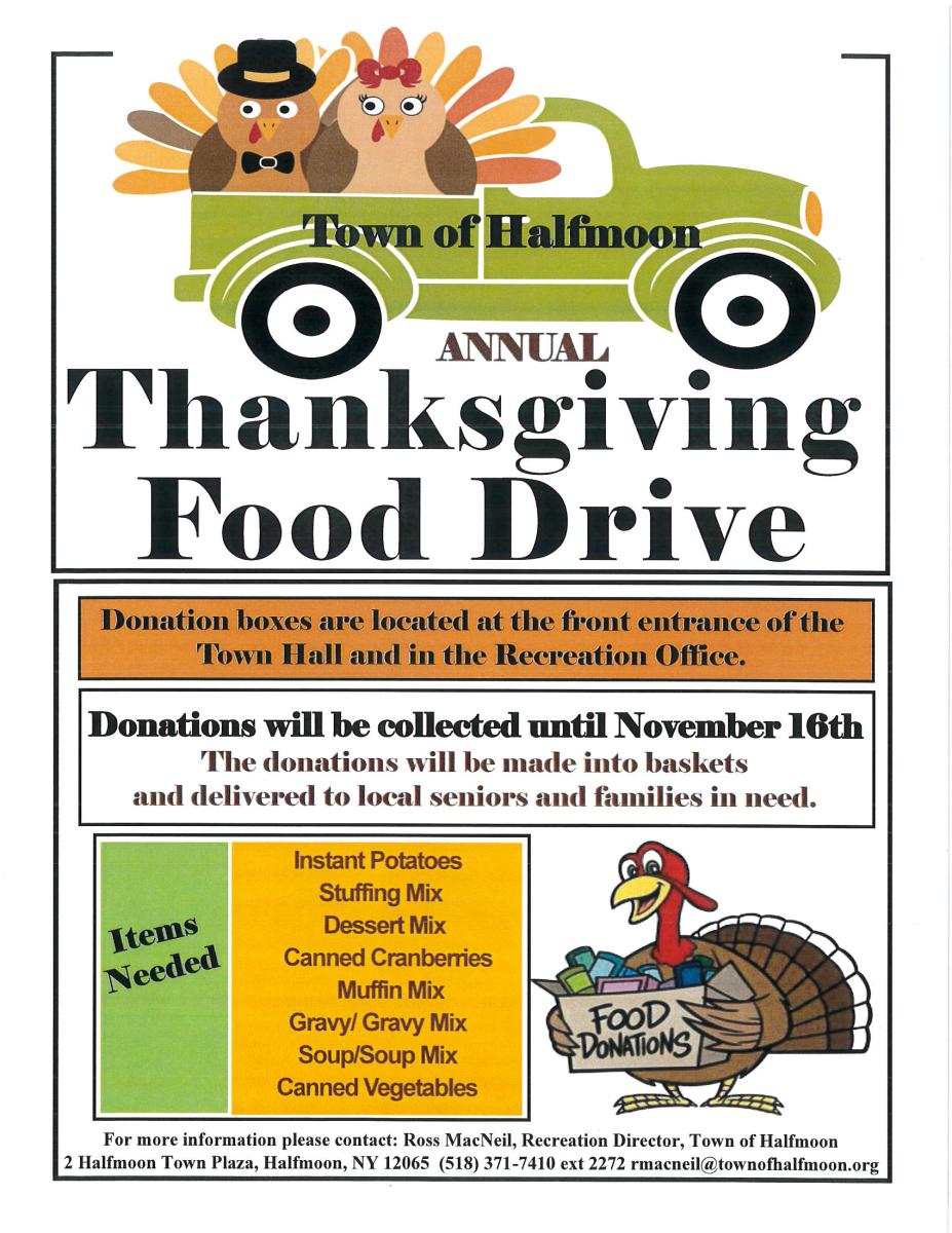ANNUAL THANKSGIVING FOOD DRIVE DONATIONS COLLECTED UNTIL 11/16/2022 AT HALFMOON TOWN HALL