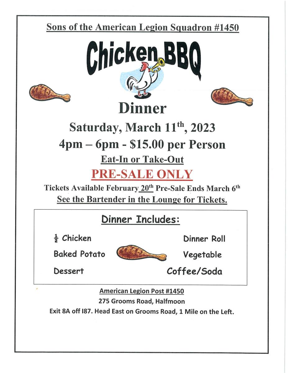 SONS OF THE AMERICAN LEGION SQUADRON 1450 CHICKEN BBQ 03/11/2023 4 TO 6 PM