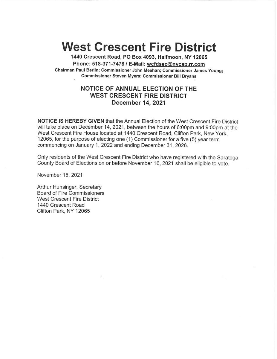 WEST CRESCENT FIRE DISTRICT ANNUAL ELECTION 12/14/2021 6 - 9 PM