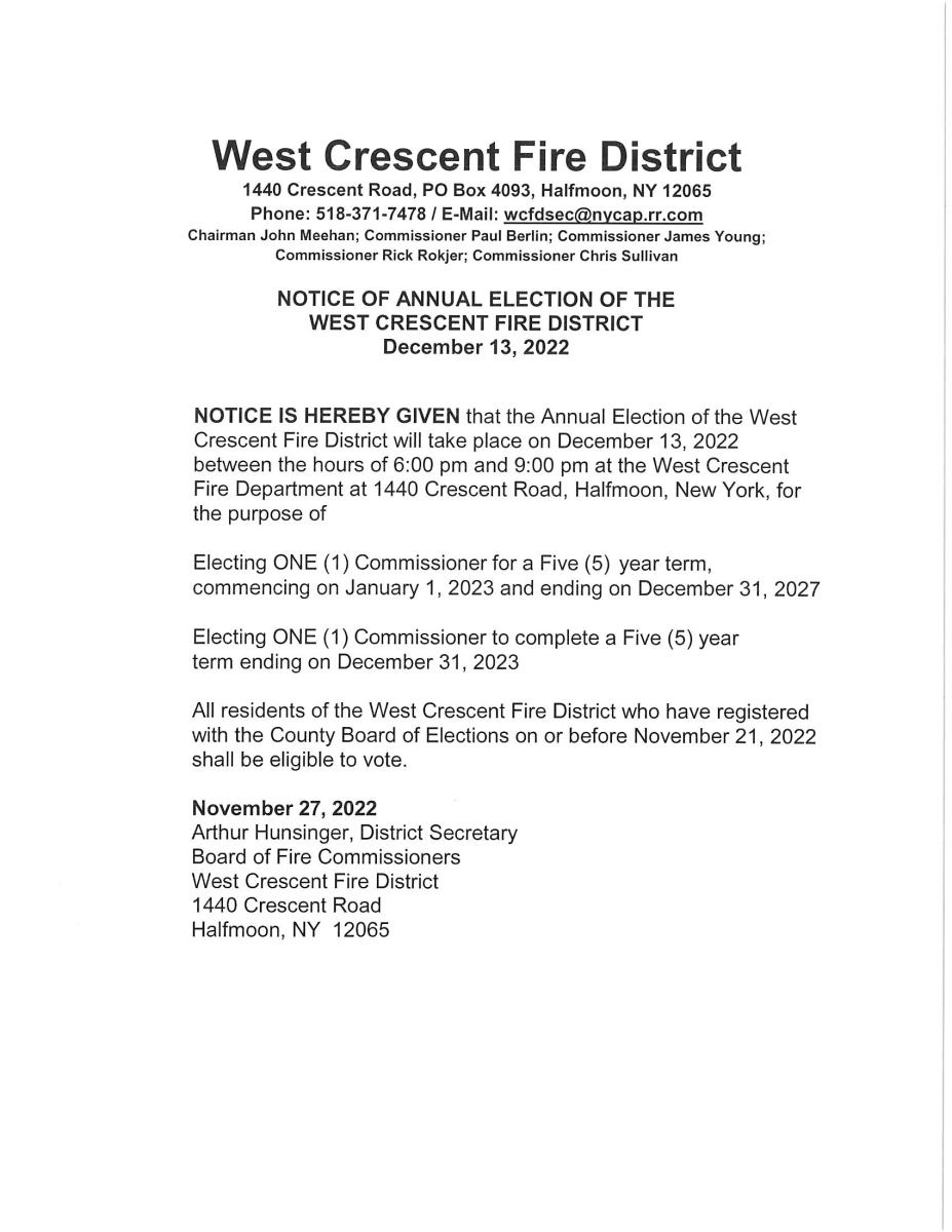 WEST CRESCENT FIRE DISTRICT NOTICE OF ANNUAL ELECTION 12/13/2022 6 - 9 PM