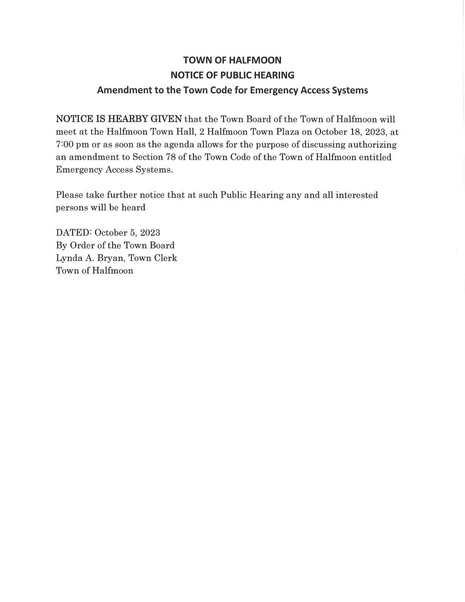 PUBLIC HEARING AMENDMENT TO TOWN CODE FOR EMERGENCY ACCESS SYSTEMS