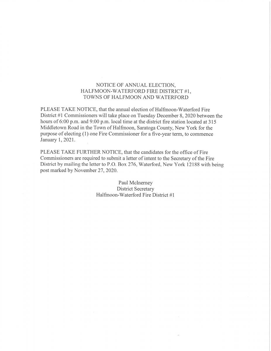 NOTICE OF ANNUAL ELECTION HALFMOON-WATERFORD FIRE DIST #1