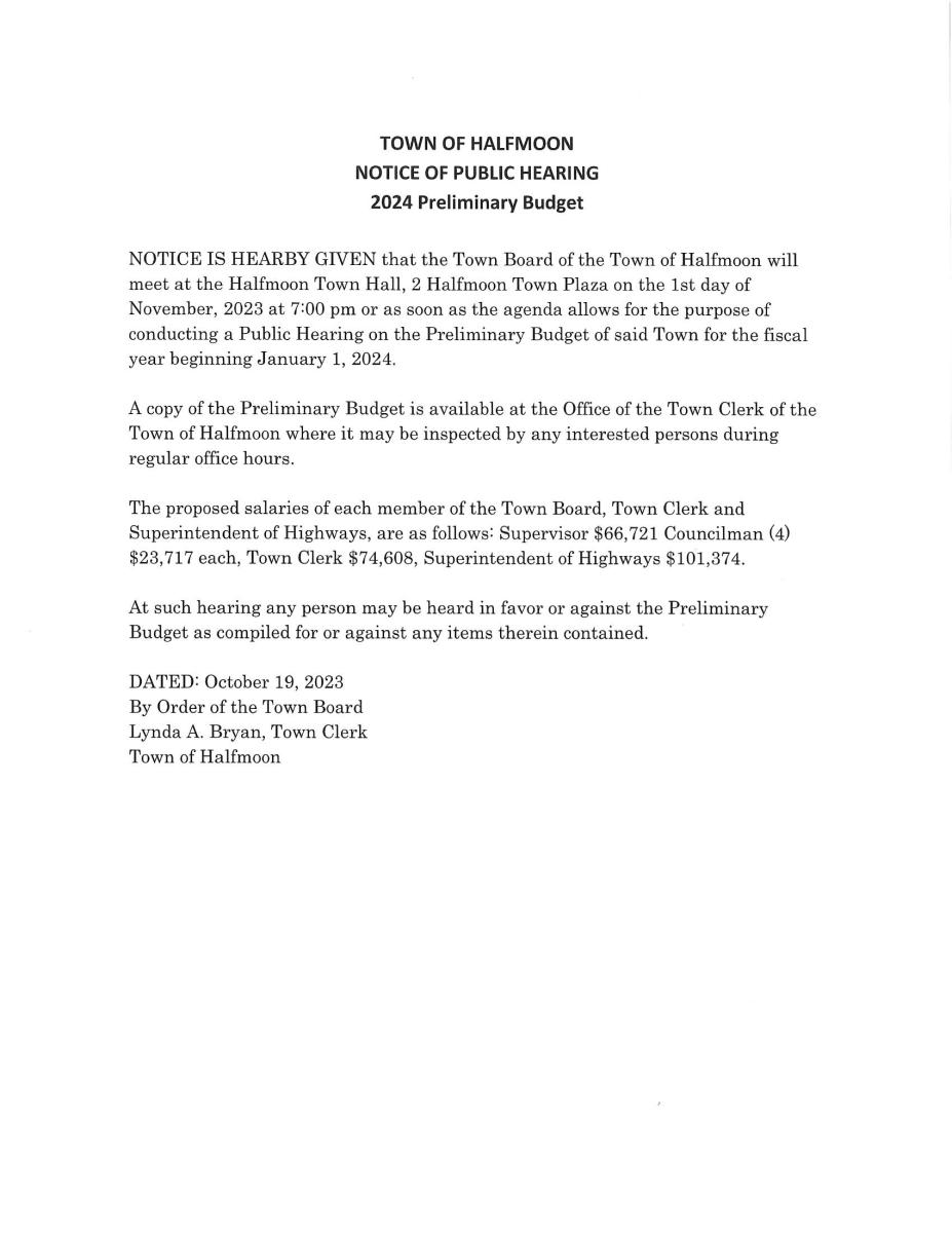 NOTICE OF PUBLIC HEARING TOWN OF HALFMOON 2024 PRELIMINARY BUDGET 
