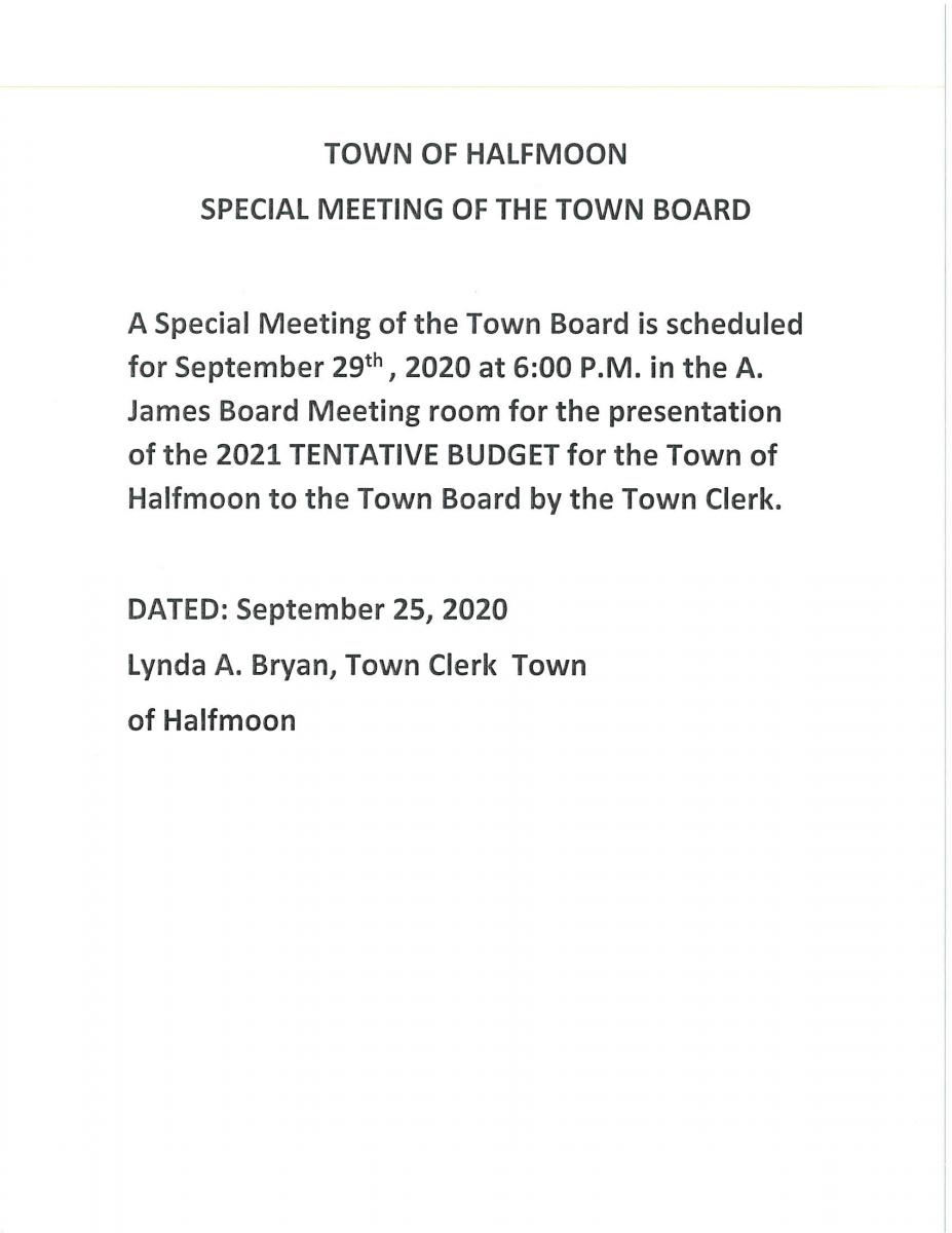 Special Meeting Sept 29th on 2021 Tentative Budget