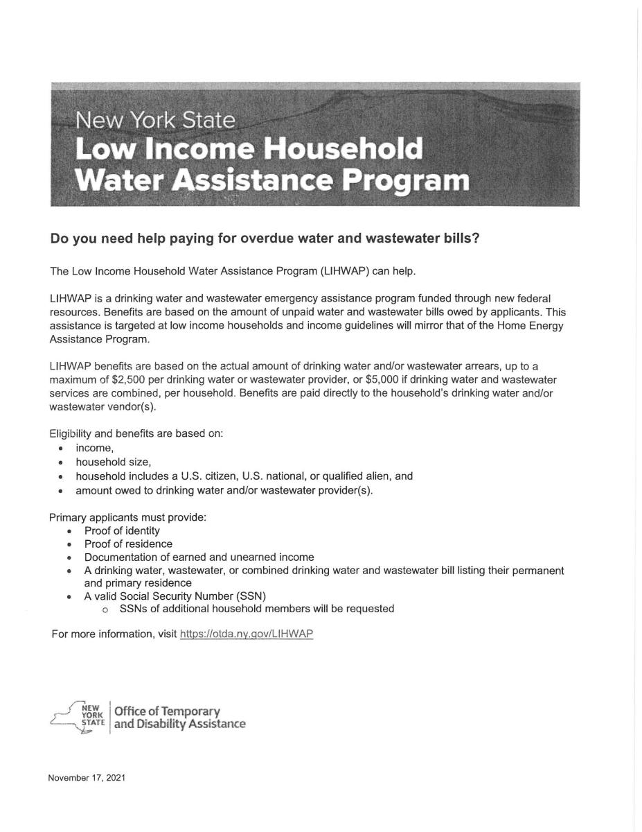 NYS Water Assistance Program for Low Income Housing 