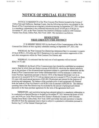 NOTICE OF SPECIAL ELECTION WEST CRESCENT FIRE DISTRICT NOVEMBER 9, 2021 6 PM TO 9 PM