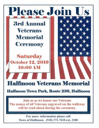 3rd Annual Veterans Memorial Ceremony on October 12th at 10:00 a.m.