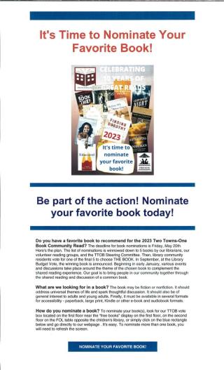 Two Towns One Book~Time to nominate your favorite book!
