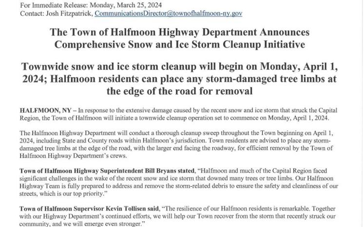 The Town of Halfmoon Highway Department Announces Comprehensive Snow and Ice Storm Cleanup Initiative